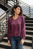 Silky Satin V-Neck Blouse In Aubergine