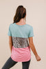 Leopard In The Middle Color Block Top In Mint & Coral